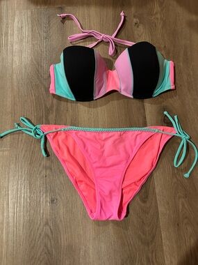 Victoria's Secret Pink, Black & Mint Colorblock Bikini Set